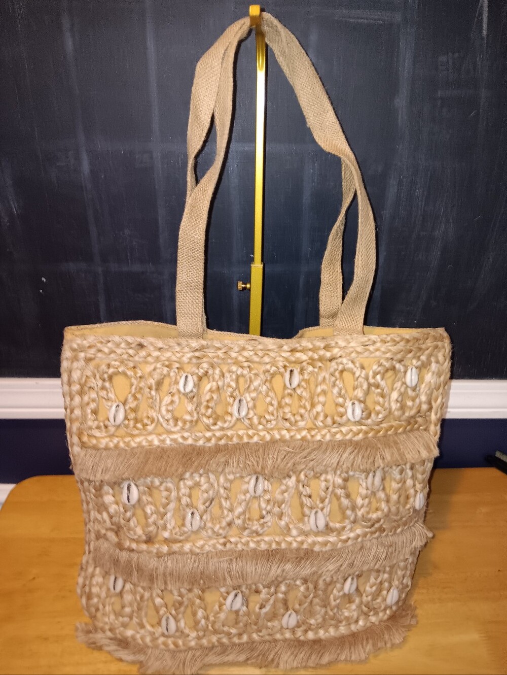 Salt + Umber Woven Shell Fringe Tote Bag in Natural Beige